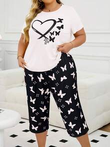 Bộ 2 chiếc/Bộ áo thun tay ngắn họa tiết bướm trái tim cỡ lớn dành cho nữ và quần Capri, đồ mặc nhà thoải mái cho mùa xuân, mùa hè, co giãn nhẹ, mọi mùa, trang phục - Đen và trắng - Xem 4