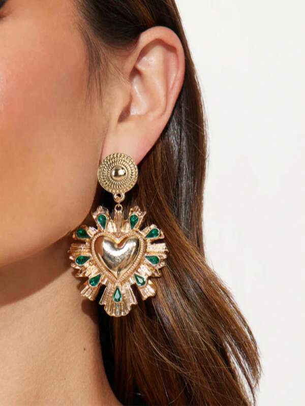 1 par de brincos de gota de pedra verde falsa em formato de coração estilo vintage, adequados para banquetes, roupas de casamento