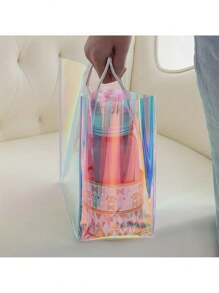 5/10pcs, Rainbow Gradient Plastic Tote Bag - Multifunctional Reusable Party Bag For DIY, Birthday, Wedding Giveaways