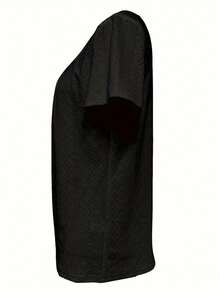 Square Neck Embroidered T-Shirt, Casual Short Sleeve Pleated Blouse, Spring Summer Women Clothing - Black - View 3