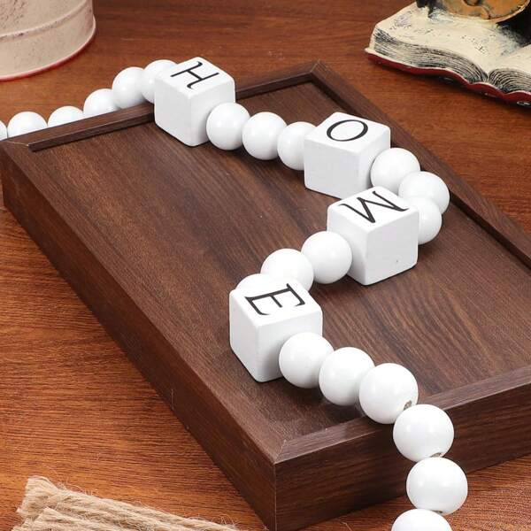 Wood Home Love Family Block Bead Garland With Tassels, Modern Farmhouse Rustic Wooden Letter Decorative Beaded Garland Wall Hanging Decor, Versatile Prayer Boho Beads Wood Bead Garland For Shelf, Tiered Tray, Coffee Tabletop, Mantel, Table Decor