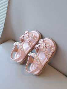 1 Pair New Style Girls/Toddlers Sandals, Fashion Flower Pearl Hook And Loop Design, Non-Slip Soft Bottom Flat Shoes, Suitable For Summer