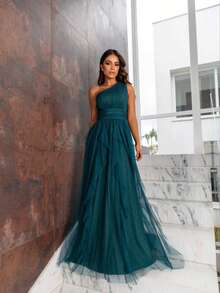 One-Shoulder Layered Bridesmaid Prom Dress - Màu xanh lá cây đậm - Xem 1