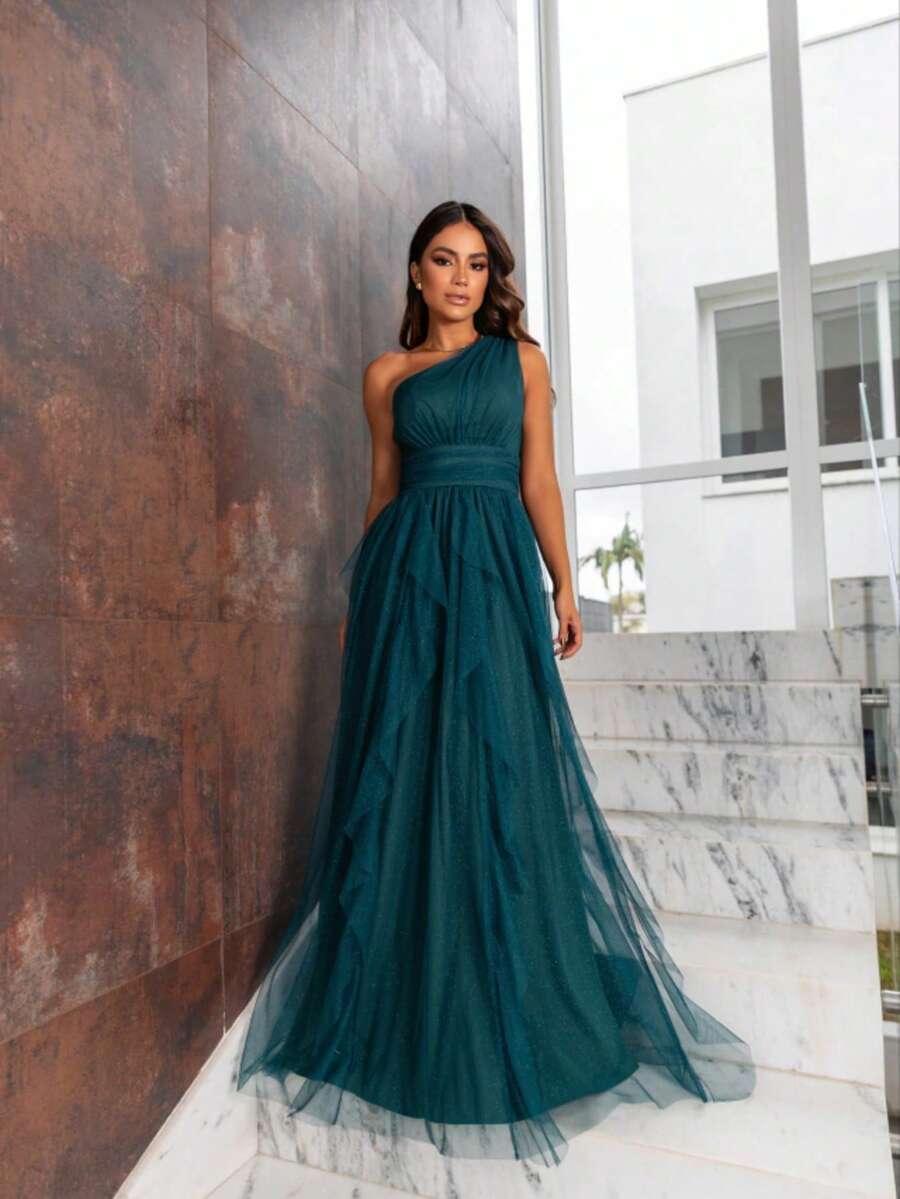 One-Shoulder Layered Bridesmaid Prom Dress - Màu xanh lá cây đậm - Xem 1