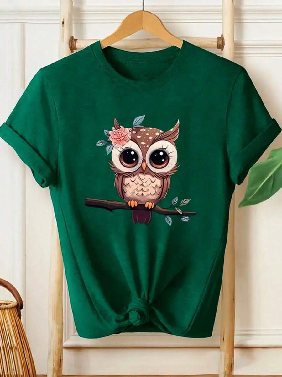 Women's Owl T-Shirt, Premium Cotton Mesh Blouse, Basic Round Neck - Army Green - View 1