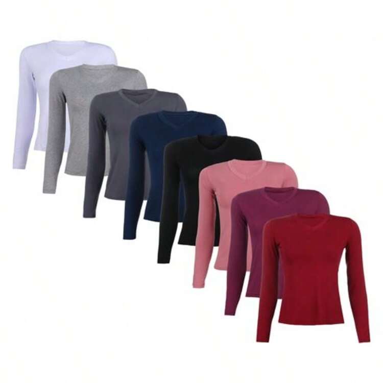 Kit 3 Women's Basic Long Sleeve V-Neck Blouses - Black / Wine / Grey - View 5