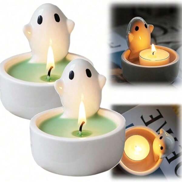 1 pieza Soporte de vela de chimenea de cerámica con diseño de gato de dibujos animados, soporte de vela de cerámica con diseño de fantasma, vela perfumada con fantasma lindo, adorno de estilo nórdico, decoración para el hogar, regalos ambientadores, resistente a altas temperaturas