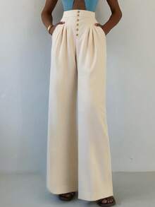 女士休闲纯色直筒长裤，松紧腰带方便穿着，办公室女士日常长裤适合通勤、约会、夏季度假、商务休闲