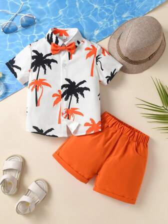 2 件套幼儿男童夏季短袖衬衫和短裤绅士装，度假海滩派对正式西装