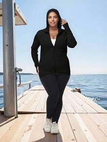 Áo khoác dài tay đơn giản, thường ngày, chống nắng dành cho nữ cỡ lớn năm 2025, màu đen, thích hợp cho mùa xuân. - màu đen - Xem 3