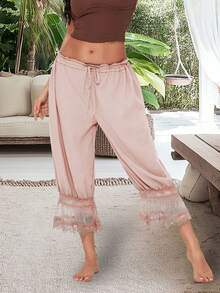 Womens Cropped Pants Loose Mid Rise Patchwork Lace Lantern Trousers Casual Streetwear - 香檳色 - 查看 3