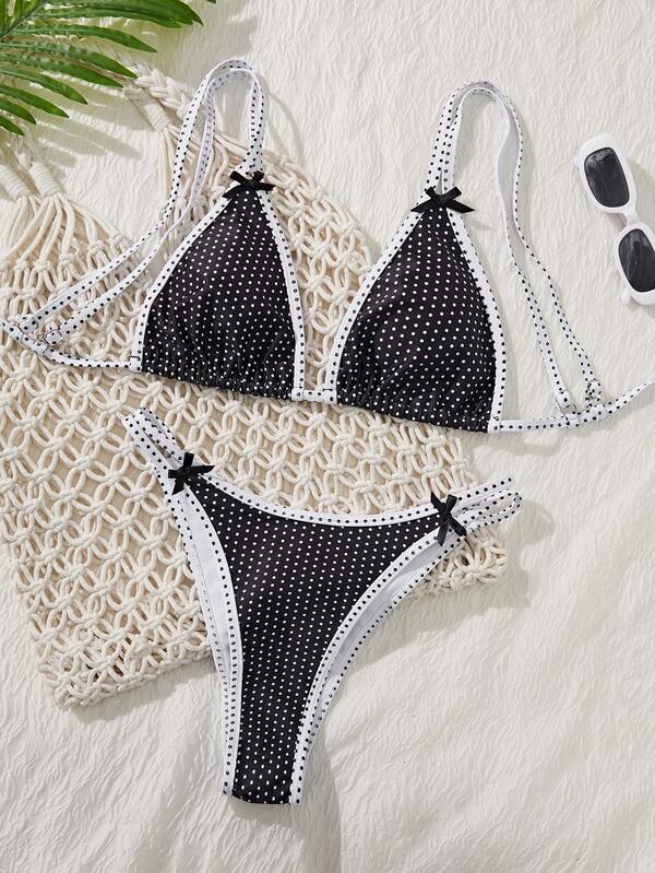 Set de bikini pentru petrecere pe plajă, cu bretele spaghete reglabile, cu imprimeu cu buline din țesătură moale nouă, bikini elegant pentru femei la modă de vară pentru plajă
