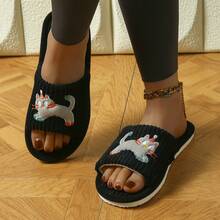 女士简约时尚可爱猫头露趾条纹防滑家居拖鞋 - 黑色 - 查看 2