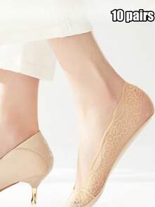 Vớ lót ren không lộ cổ dành cho nữ, vớ ren cổ thấp chống trơn trượt, vớ mỏng mùa hè vô hình, 1/5/10 đôi. - Nhiều màu - Xem 7
