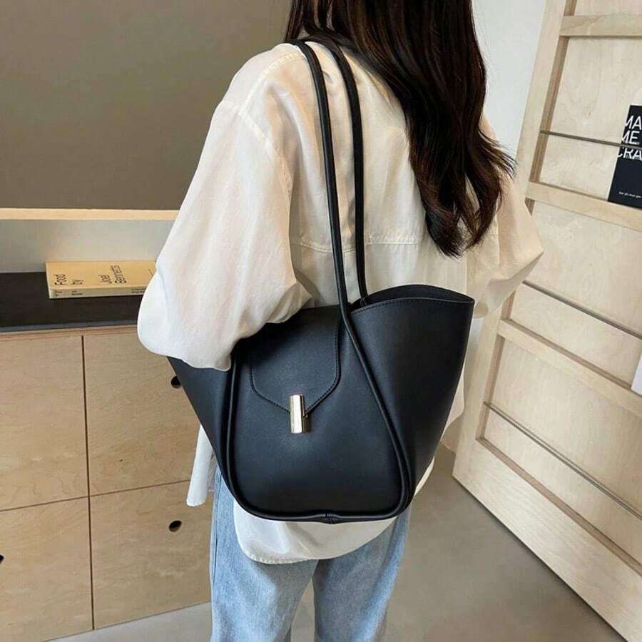 Women Fashion Shoulder Bag PU Leather Simple Tote Handbag Adjustable Strap Work Handheld Bag Daily Bag For Female
