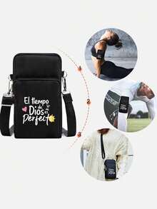 Printed With"Tiempo"Pattern Crossbody Bag,Sports Running Armband Bag, Multi Layer Mobile Phone Bag, Outdoor Cycling Wrist Bag With Earphone Hole,Women's Phone Bag, Mini Crossbody Bag, Vertical Coin Purse For Women,Sports Arm & Running Wrist Bag, Mini Casual Crossbody Phone Bag With Earphone Hole,Fashion White-Collar Workers College,Work, Business, Commute,Office,For Lover,For Birthday Gift - Black - View 2