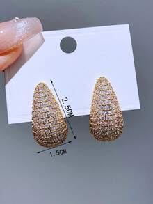 1pair Fashionable Exquisite Rhinestone Water Drop Earrings, Personalized Small Hoop Dangle Earrings - Gold - View 3