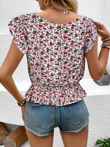 BLUSA DAMA ESTAMPADA FLORES MANGA CORTA CINTURA AJUSTADA PEPLUM CUELLO V - Multicolor - Ver 2