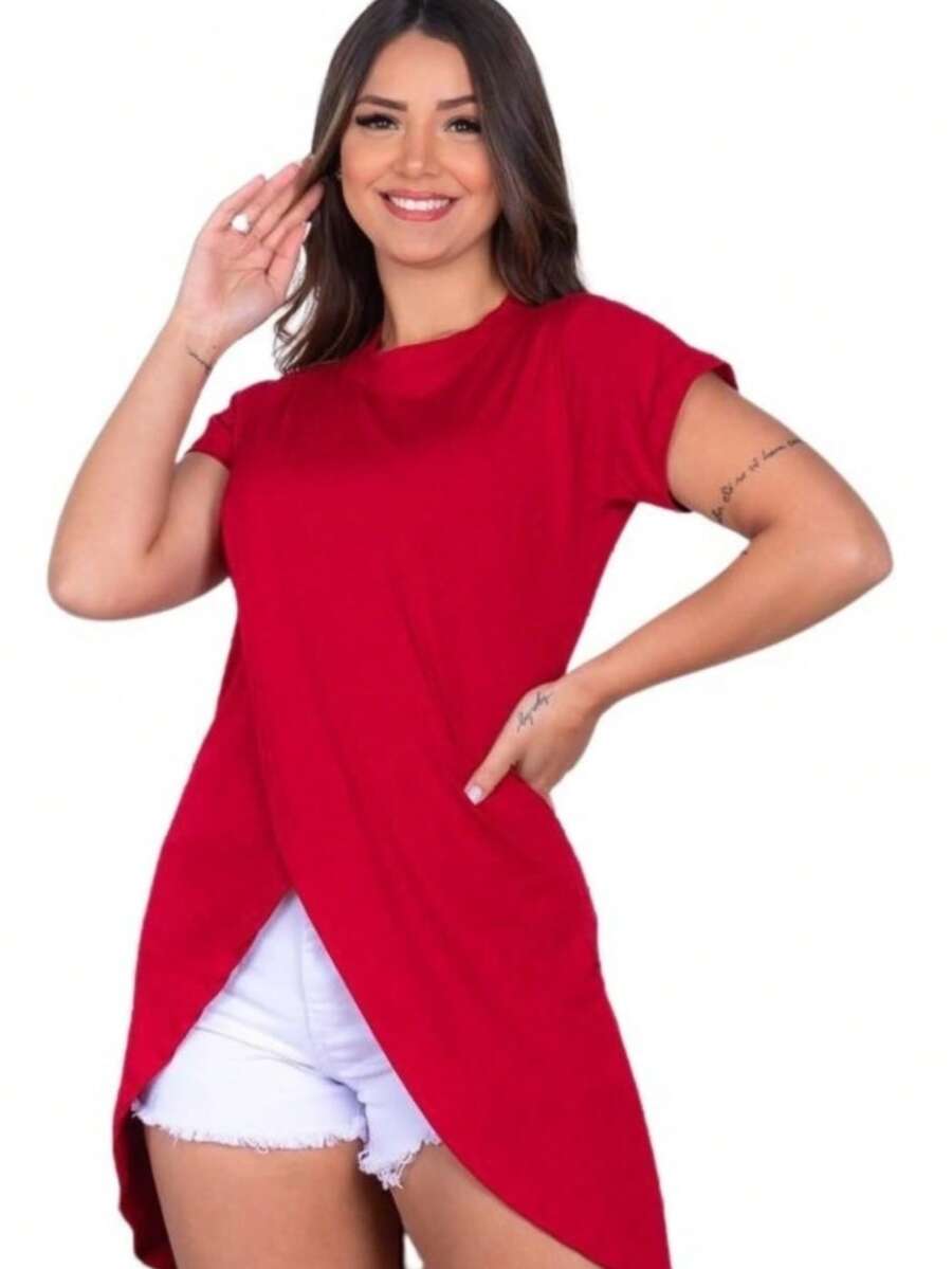 Women's Mullet Wrap Top With Short Sleeves - 紅色 - 查看 1