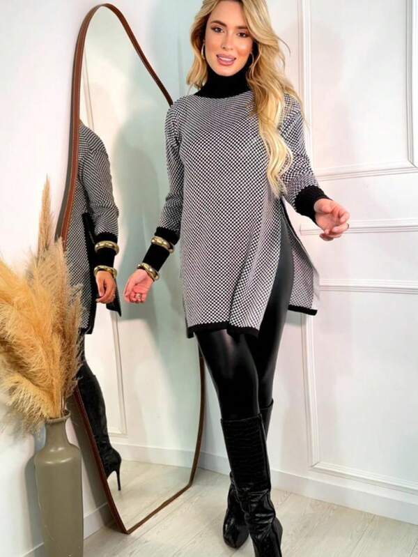 Poncho Xadrez Feminino Tricot Gola Alta Manga Longa Fenda Lateral Moda Inverno Casaco Blusa de Frio