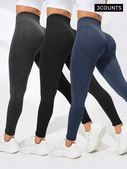 3 piezas Leggings de color negro sólido con cintura alta, levantamiento de glúteos y control de abdomen para mujeres. Tela cálida, transpirable y elástica ideal para gimnasio, actividades al aire libre, entrenamiento y correr. Atuendo esencial para Navidad.