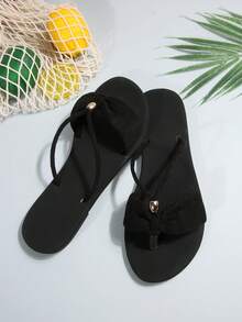 New Fashion Elegant & Minimalist Women Beach Resort Bohemian Style Slippers, Suitable For Home, Outing And Holiday, Soft And Comfortable Flat - Black - View 6