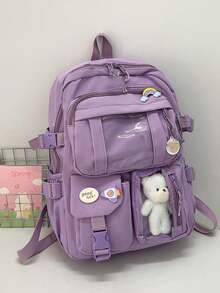 Two Tone Classic Backpack Letter Patch,Kawaii School Style: Cute Nylon Backpack With Pins & Accessor - Purple - View 4