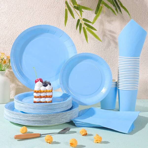 Set de vaisselle jetable bleu ciel, assiettes de 7/9 pouces, serviettes, gobelets en papier, cadeaux pour fête d'anniversaire, décoration de rassemblement, assiettes en papier jetables, serviettes, gobelets convenant aux fournitures pour fête à thème anniversaire