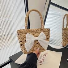 女孩蝴蝶结草编手提包，迷你编织篮包，度假风格 - A - 查看 8