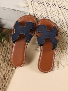 1 Pair Plus Size Toddler/Little Girls' Blue Denim Roman Sandals, Slip-On Round Toe Flat Non-Slip Casual Comfort Home Slippers, Suitable For 3-12 Years Old Boys & Girls, Spring/Summer New Arrival