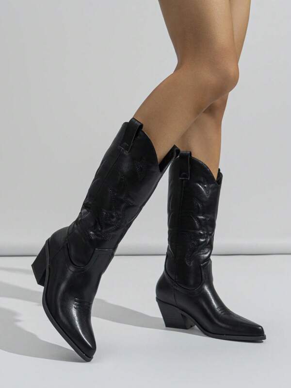 Botas Femininas De Revestido Estilo Western Com Bordados, Salto Grosso Até A Panturrilha, Pretas, Outono/Inverno, Botas De Cowboy Para Mulheres