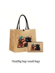 Adorable Highland Cow Printed Tote Bag, Large Capacity Tote Bag,Tote Bag And Makeup Pouch Set,Lightweight Large Capacity Tote Bag, Reusable Burlap Shopping Bag, Portable Travel Beach Bag With Makeup Bag, Travel Handbag For Holiday Vacation Weekend Getaway Short Trip,Personalized Birthday Gifts Present For Friend Her,Teacher's Day, Nurse's Day, Birthday, Anniversary, Best Gift For Mother's Day, Cute Highland Cow Bag For Women