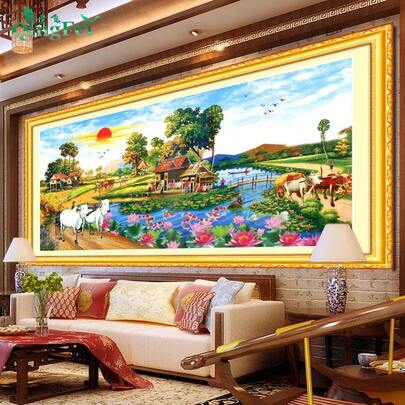 qingfei Pintura de paisaje de escenario rural, cosecha, tierra de feng shui, adecuada para sala de estar y dormitorio, Vietnam y Camboya