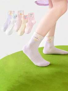 5 Pairs Girls' Cartoon Rabbit Colorful Mid-Calf Socks, Thin & Breathable Student Socks, Suitable For Casual Shoes & Sneakers - Multicolor - View 3