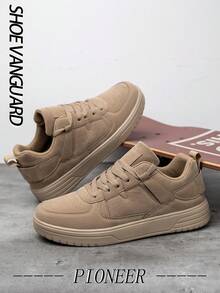 Men's Comfy High Top Leather Splicing Sneakers, Couple's Versatile Shock Absorption Sports Shoes, Classic Black Lace-Up Retro High-Soled Flat Walking Shoes, Suitable For Jeans Active Wear - Khaki - View 6