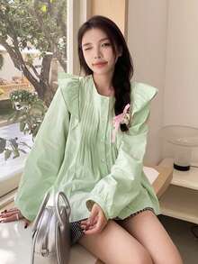 Damska elegancka bluzka z długim rękawem i falbaną w stylu francuskim, luźna plisowana bluzka z okrągłym dekoltem, wiosna/lato