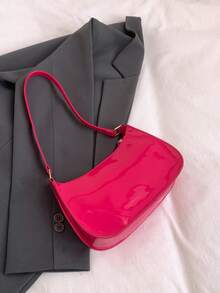 Bolso de hombro con cremallera de unicolor y minimalista, bolso en forma de media luna de moda, bolso de hombro con cremallera de piel sintética de unicolor, monedero burdeos, bolsa de lence - Rosa Fucsia - Ver 8