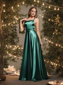 Babyonlinedress Women's Satin Prom Dress Spaghetti Straps Split Bridesmaid Long Formal Wedding Guest Evening Party Gowns - 墨綠色 - 查看 6