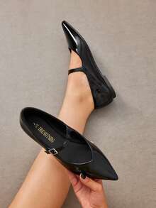 Women Fashion Flats Pointed Toe Ballet Flats Elegant Mary Jane With Buckle Strap Spring Summer Shoes - Black - View 3