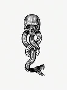1pc Waterproof Temporary Tattoo, Skull & Snake Design, Dark Style, Personalized, Anti-Sweat, Non-Reflective - Black - View 2