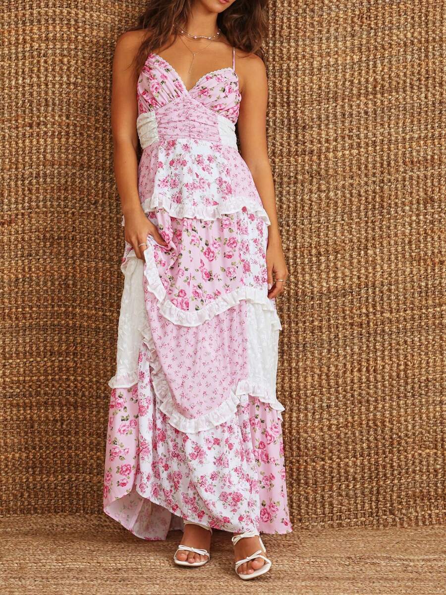 Women Spaghetti Strap Deep V Neck Boho Floral Maxi Dress Backless Smocked Ruffle Long Party Dresses - 粉色 - 查看 1
