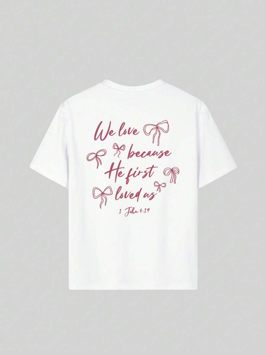 Sweet Bow Artistic Style Short Sleeve T-Shirt, Inspiring Imagination And Self-Expression! Girls & Kids Casual Printed Round Neck Tee, Summer Top - White - View 1