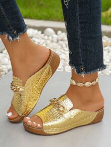 Plus Size 36-45 Summer Fashion Casual Gold Crocodile Pattern Wedge Slide Sandals, Metal Buckle Roman Style, Lightweight & Comfortable, Versatile Gold Ladies Wedge Platform Sandals - 金色鱷魚紋 - 查看 4