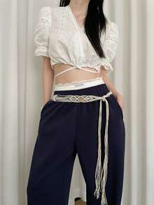 1pc Beige Handmade Beaded Waist Rope For Women, Made Of Polyester - Beige - View 3