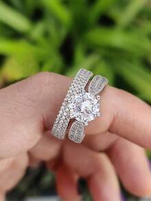 Bộ 1 chiếc nhẫn bạc 925 cao cấp hai lớp sáu chấu, thích hợp cho nữ đeo hàng ngày, cũng có thể dùng làm phụ kiện dự tiệc, nhẫn nữ chất lượng cao, quà tặng trang sức tinh tế. - Bạc - Xem 4