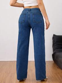 Elegant Heavy Pearl Embellished Washed Straight Leg Jeans – Luxurious & Stylish Women's Denim Pants - Rửa tối - Xem 6