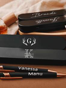 Personalized Luxurious Soft Touch Rose Gold/Black Pen Box Set. Customizable Metal Ballpoint Pen With Box Set With Stylus, Smooth Writing Metal Ballpoint Pen With Engraved Text, Suitable For Mother's Day, Birthday, Teacher's Day, Christmas, Halloween Gifts,New Job, Office Supplies - Multicolor - View 6