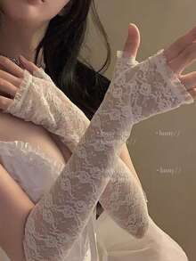 1pair Ladies' Sexy Lace Gloves, Vintage Mesh, Floral Wedding, Half Finger Black And White Lace Gloves, Valentine's Day, Music Festival, Party, Halloween - Multicolor - View 13