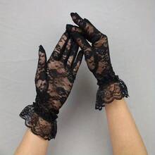 1 Pair Of Elegant White Lace Fingerless Women's Gloves - Breathable Mesh And Floral Pattern, Elastic Fit, Decorative Wedding Bride Gloves With Ruffled Cuffs, Perfect For Summer Outings, Lace Gloves - 黑色 - 查看 10
