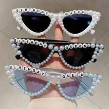 1 Pair Women's New Full Frame Cat Eye Style Glasses Fashion 'Birthday Queen' Letter Frame Retro White Glasses Artificial Pearl Decoration Multi-Color Unique Glasses Suitable For Birthday Party - 黑灰色 - 查看 8